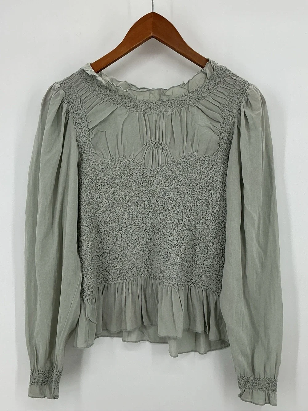Anthropologie Balloon Sleeve Smocked Peplum Blouse Sage Green Size S - Picture 3 of 11